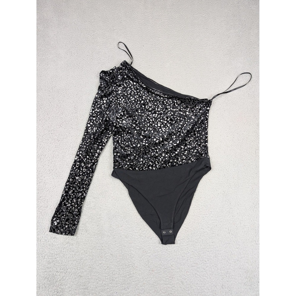 AllSaints Daphne Animal Bodysuit Womens US 10 One-Shoulder Metallic Leopard